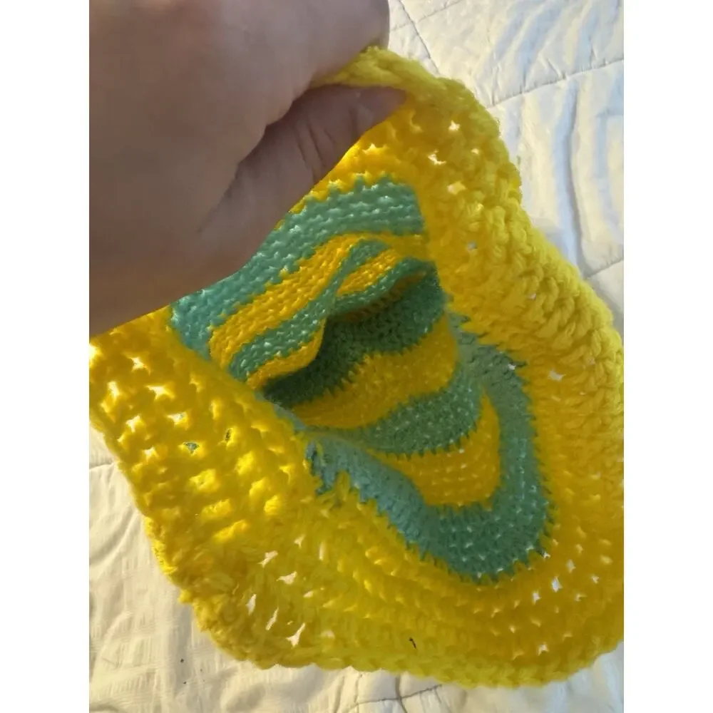 Crochet Tote Bag Yellow Blue Stripes Handmade Summer Beach Coastal Preppy